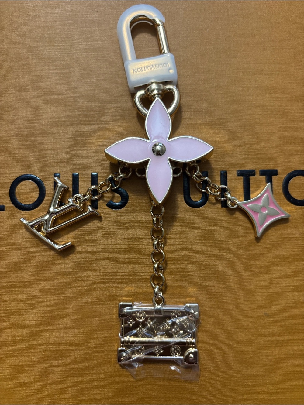 LV Pink Enamel Monogram Flower Keychain/Charm with Gold Hardware